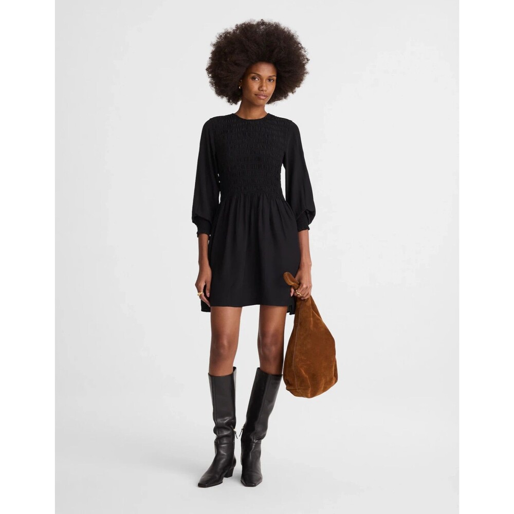 MADEWELL Long-Sleeve Smocked Mini Dress S Jet Black Fitted Bodice Lined NWT B13